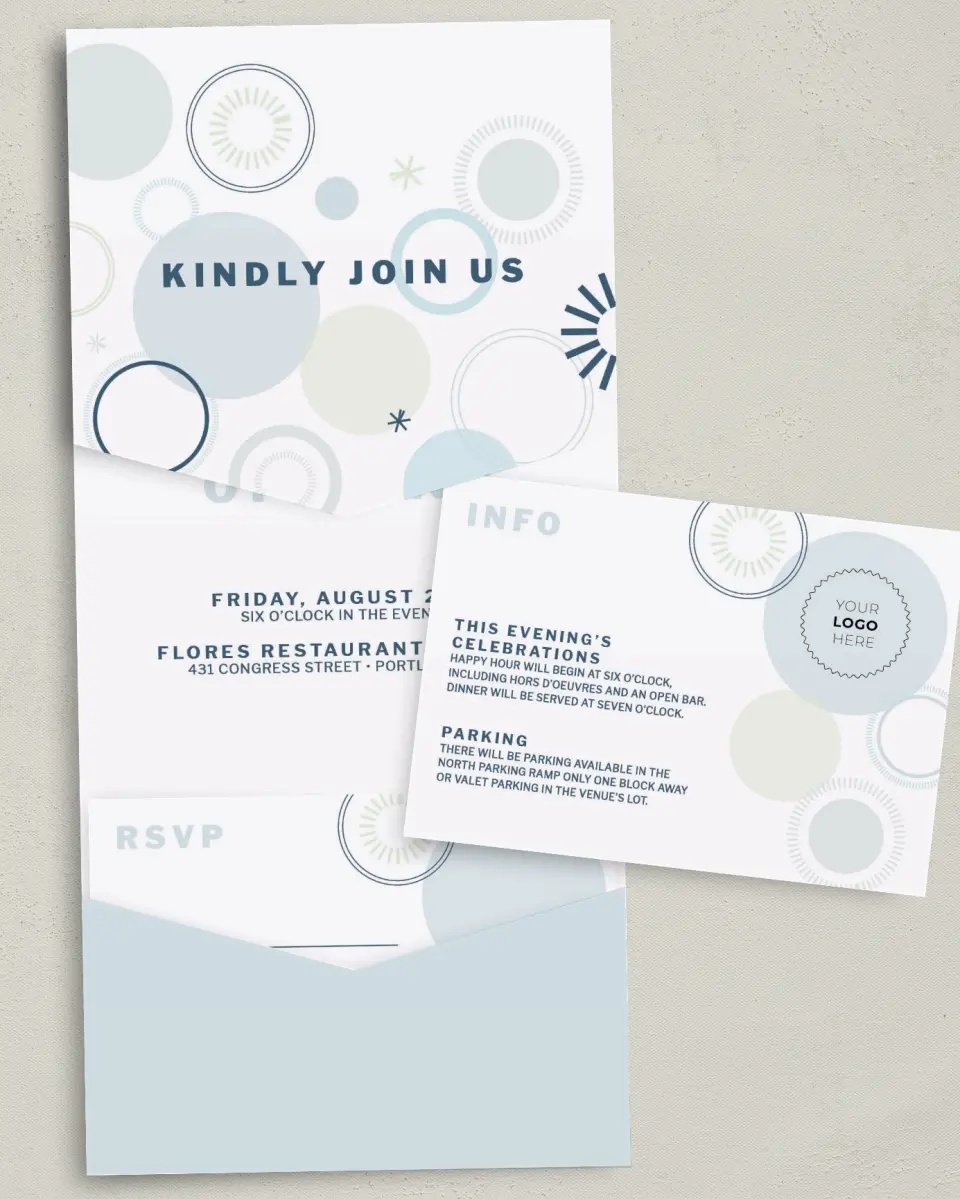 This is a 5¼" x 7¼" Folded Pocket Gala Invitation called Popular Spot printed in full color with Gold foil on Luxe Satin (coated) paper
