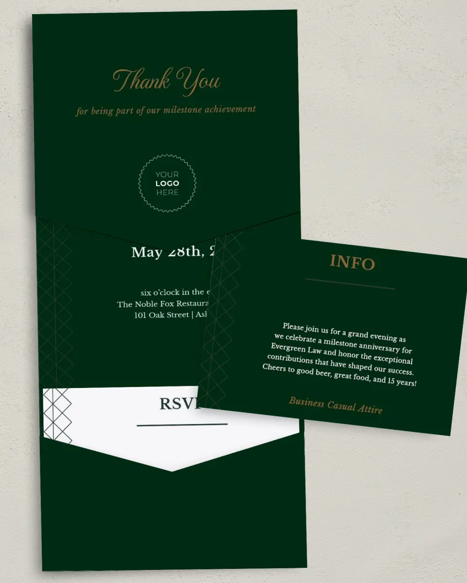 This is a 5¼" x 7¼" Folded Pocket Gala Invitation called Enduring Evergreen printed in full color with Silver foil on Luxe Satin (coated) paper