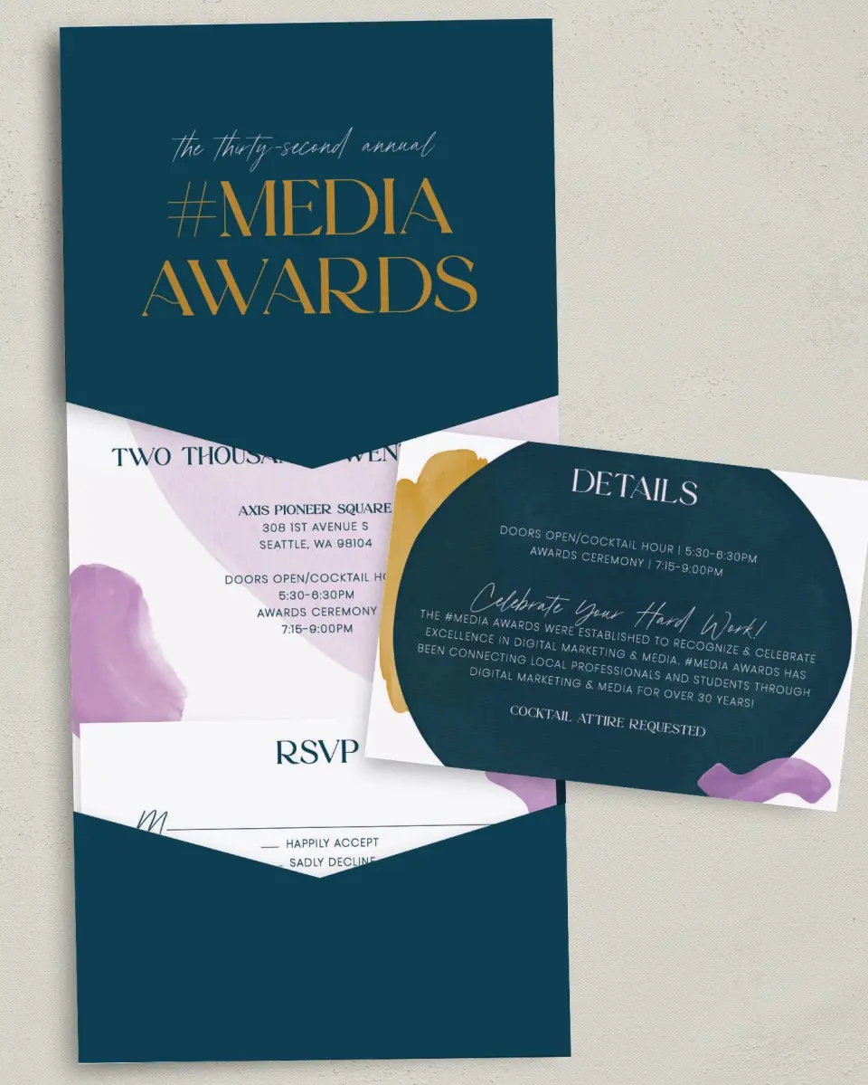 This is a 5¼" x 7¼" Folded Pocket Gala Invitation called Cordially Colorful printed in full color with Silver foil on Luxe Satin (coated) paper