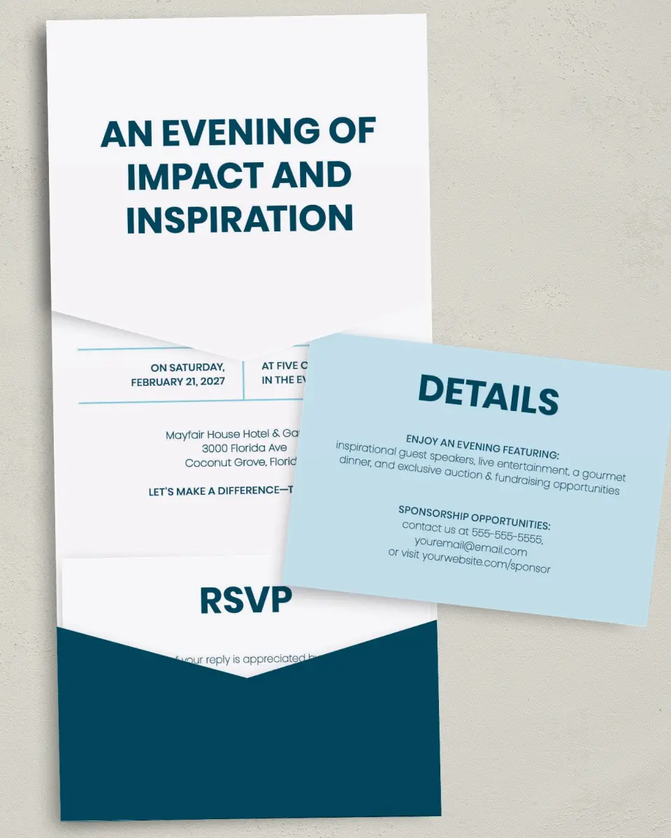 This is a 5¼" x 7¼" Folded Pocket Gala Invitation called Circular Focus printed in full color with Silver foil on Luxe Satin (coated) paper