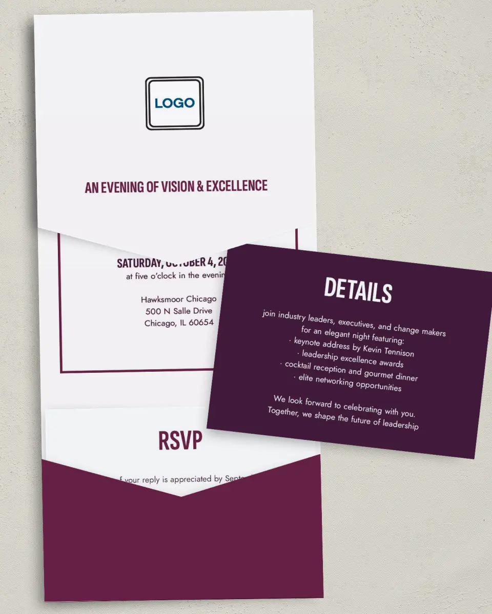 This is a 5¼" x 7¼" Folded Pocket Gala Invitation called Sharp Structure printed in full color with Gold foil on Luxe Satin (coated) paper