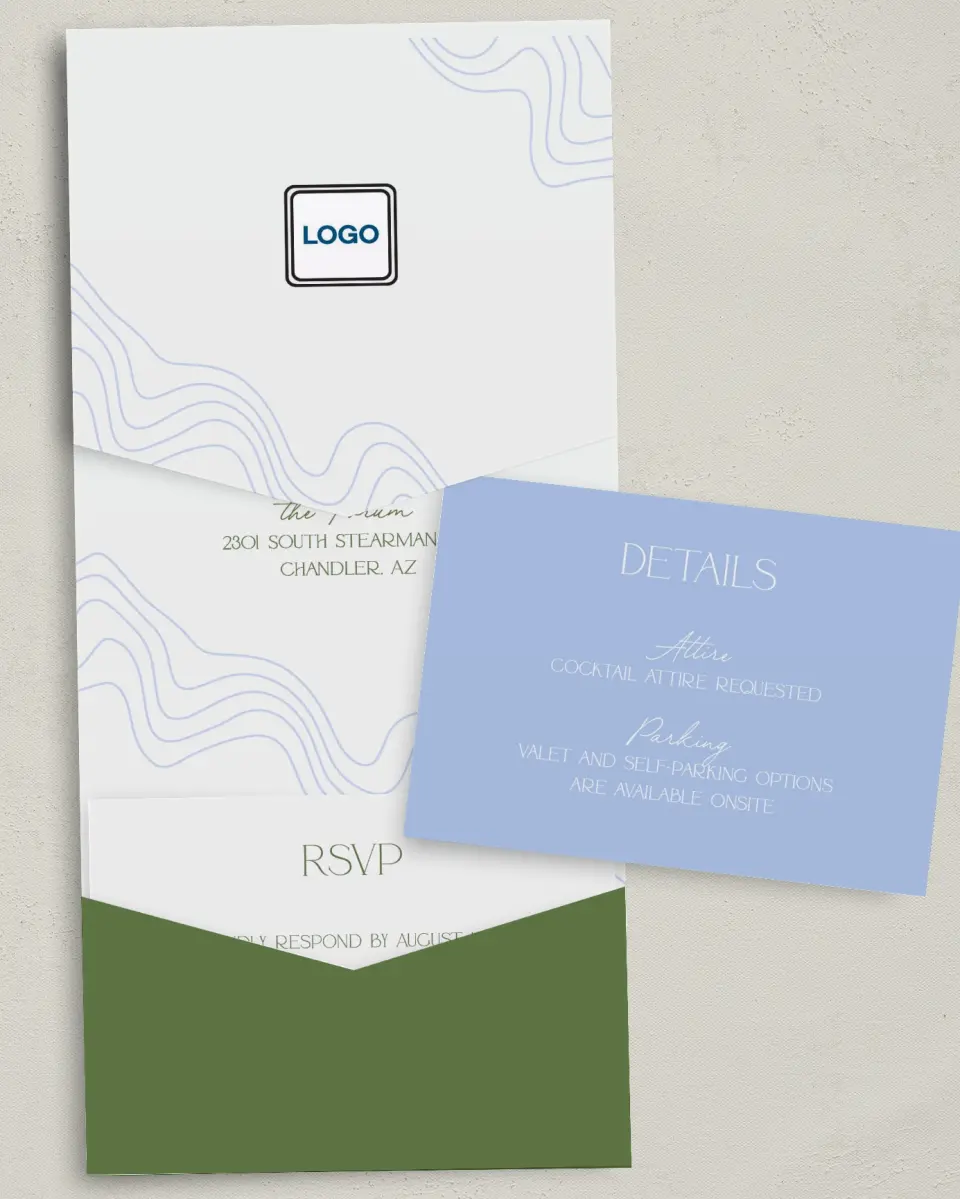 This is a 5¼" x 7¼" Folded Pocket Gala Invitation called Contoured Connection printed in full color with Silver foil on Luxe Satin (coated) paper
