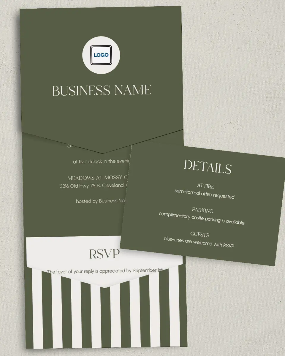 This is a 5¼" x 7¼" Folded Pocket Gala Invitation called Refined Approach printed in full color with Silver foil on Luxe Satin (coated) paper