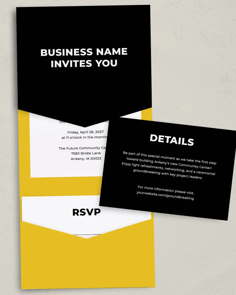 This is a 5¼" x 7¼" Folded Pocket Gala Invitation called Bold Framework printed in full color with Gold foil on Luxe Satin (coated) paper
