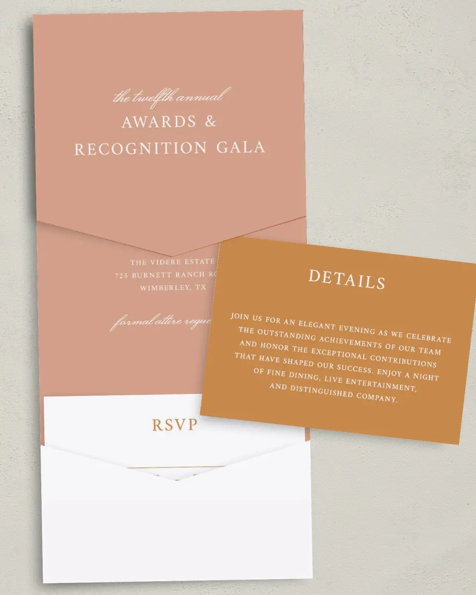 This is a 5¼" x 7¼" Folded Pocket Gala Invitation called Modern Balance printed in full color with Silver foil on Luxe Satin (coated) paper