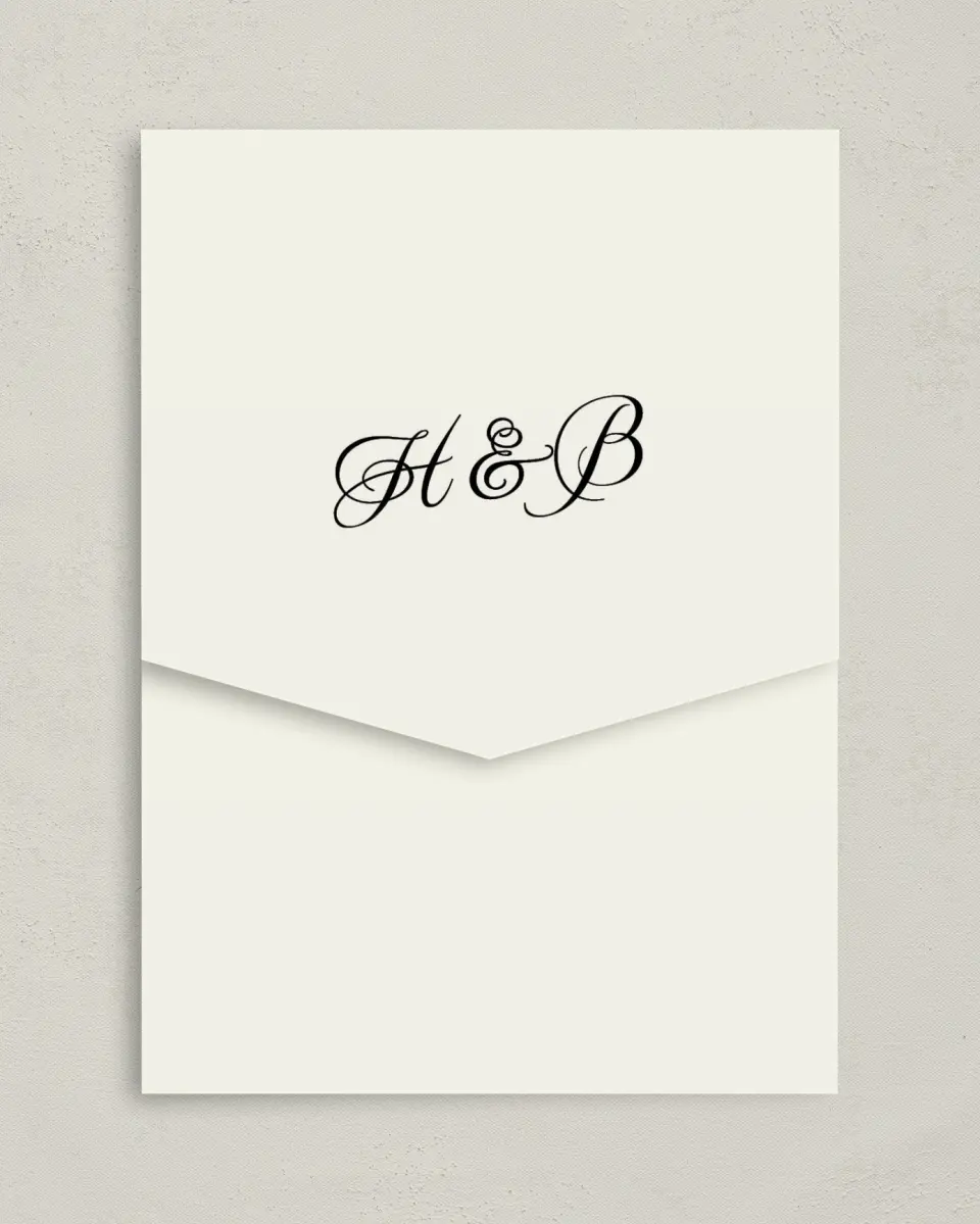 This is a 5¼" x 7¼" Folded Pocket Wedding Invitation called Grand Party printed in full color on Premium Smooth paper