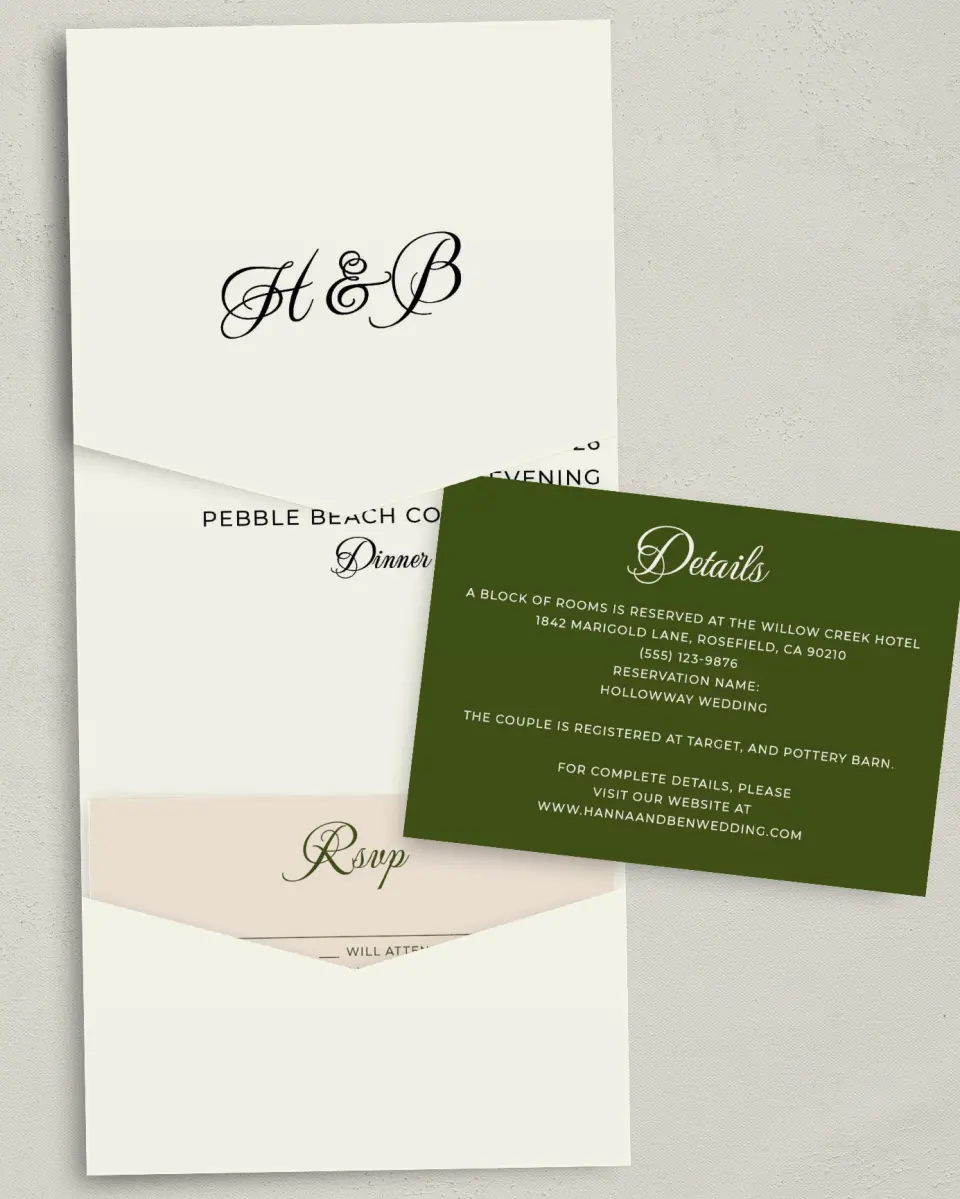 This is a 5¼" x 7¼" Folded Pocket Wedding Invitation called Grand Party printed in full color with Gold foil on Luxe Satin (coated) paper