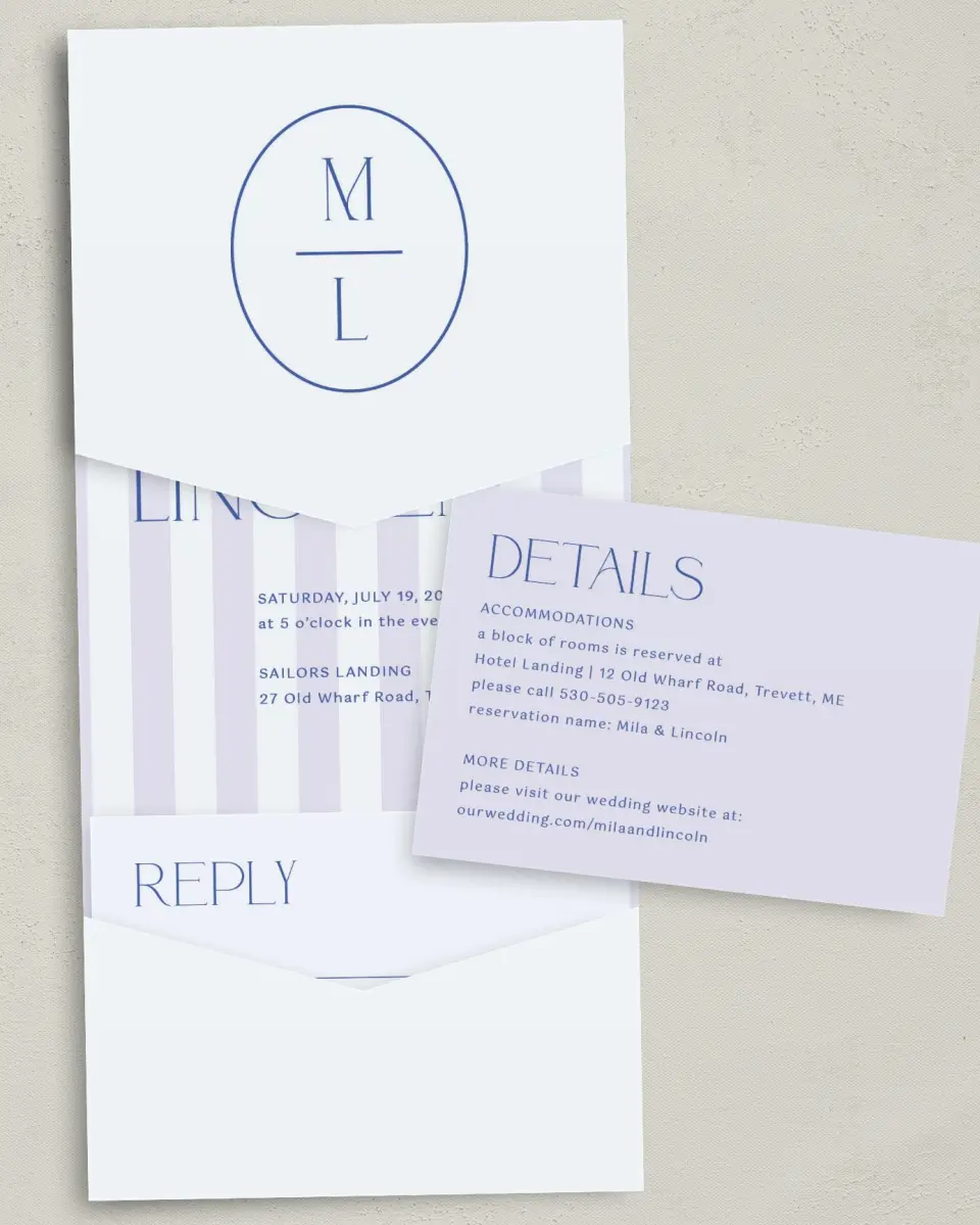 This is a 5¼" x 7¼" Folded Pocket Wedding Invitation called The Mila printed in full color with Gold foil on Luxe Satin (coated) paper