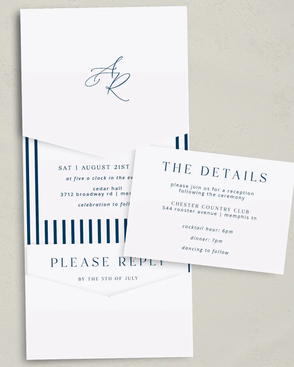 This is a 5¼" x 7¼" Folded Pocket Wedding Invitation called The Addison printed in full color with Gold foil on Luxe Satin (coated) paper