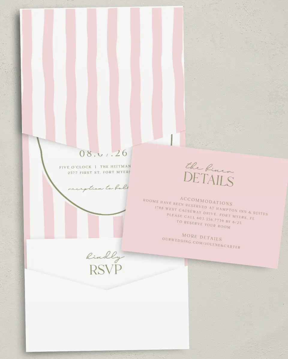 This is a 5¼" x 7¼" Folded Pocket Wedding Invitation called The Jolene printed in full color with Gold foil on Luxe Satin (coated) paper
