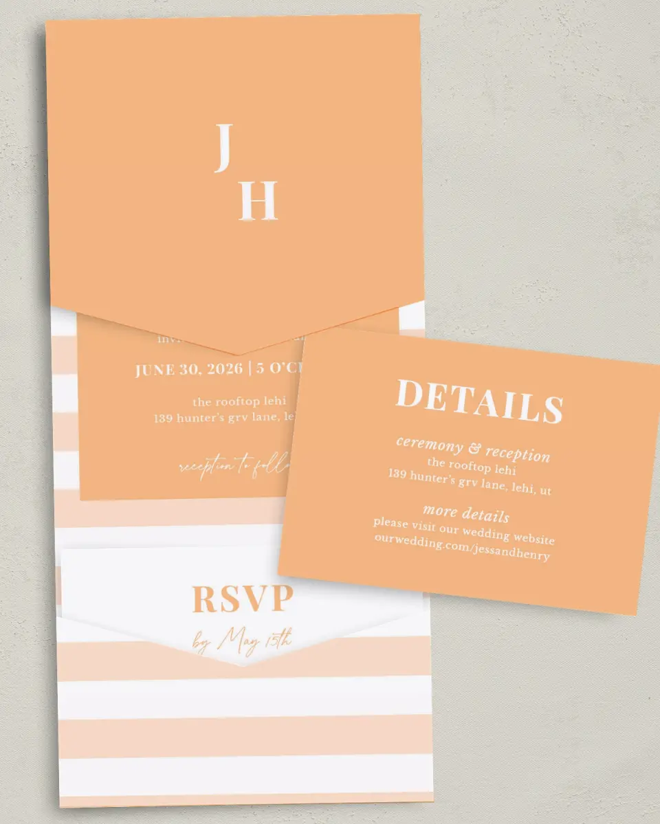This is a 5¼" x 7¼" Folded Pocket Wedding Invitation called The Jess printed in full color with Gold foil on Luxe Satin (coated) paper