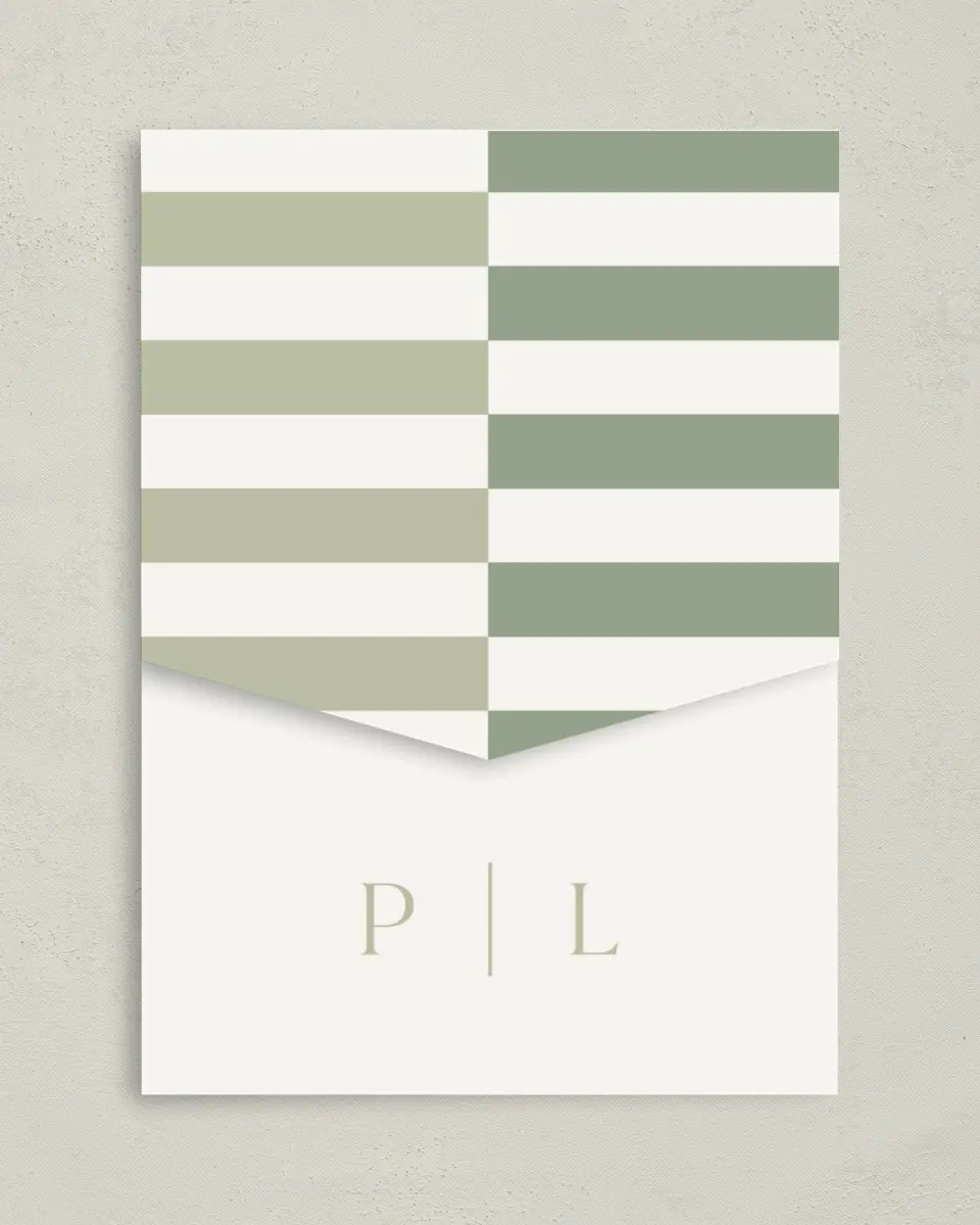 This is a 5¼" x 7¼" Folded Pocket Wedding Invitation called The Penelope printed in full color on Premium Smooth paper