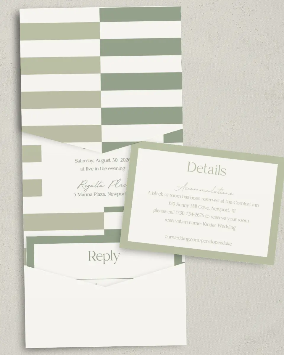 This is a 5¼" x 7¼" Folded Pocket Wedding Invitation called The Penelope printed in full color with Gold foil on Luxe Satin (coated) paper