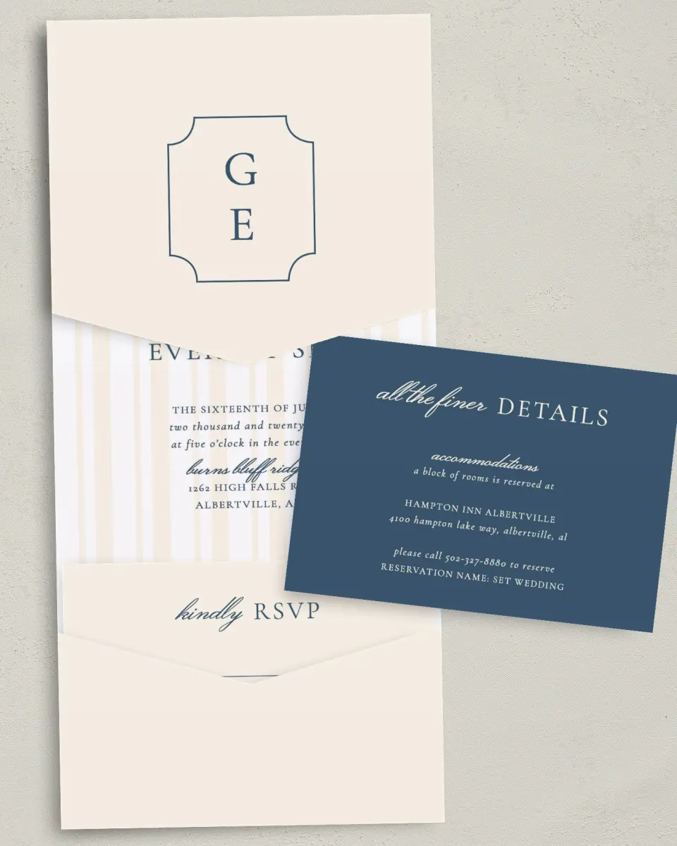 This is a 5¼" x 7¼" Folded Pocket Wedding Invitation called The Georgia printed in full color with Gold foil on Luxe Satin (coated) paper