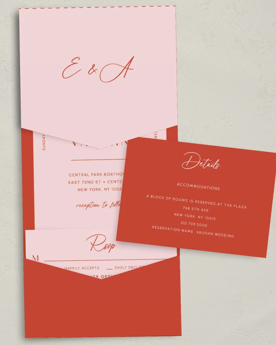 This is a 5¼" x 7¼" Folded Pocket Wedding Invitation called Boathouse Bliss printed in full color with Gold foil on Luxe Satin (coated) paper