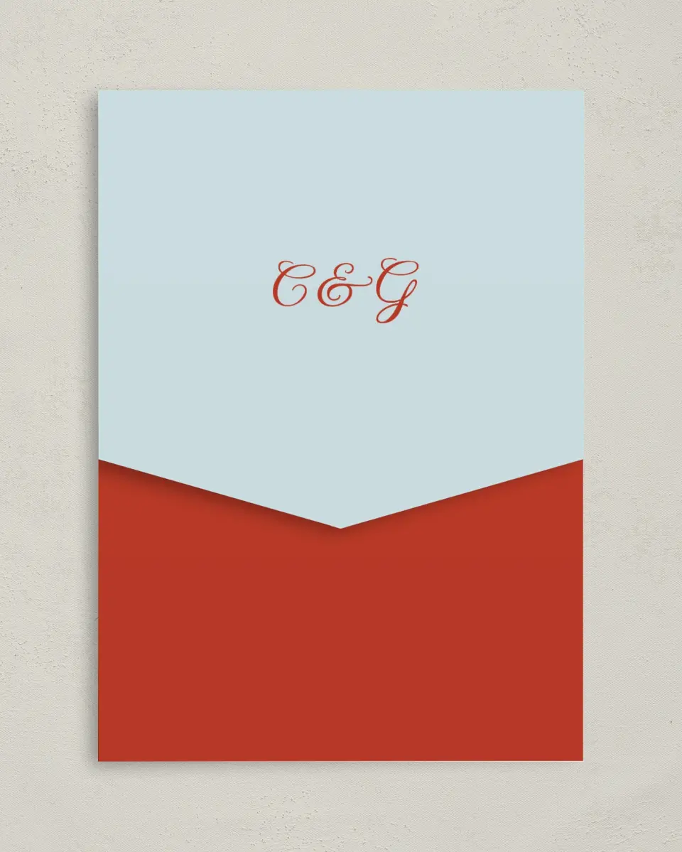 This is a 5¼" x 7¼" Folded Pocket Wedding Invitation called Mod Elegance printed in full color on Premium Smooth paper