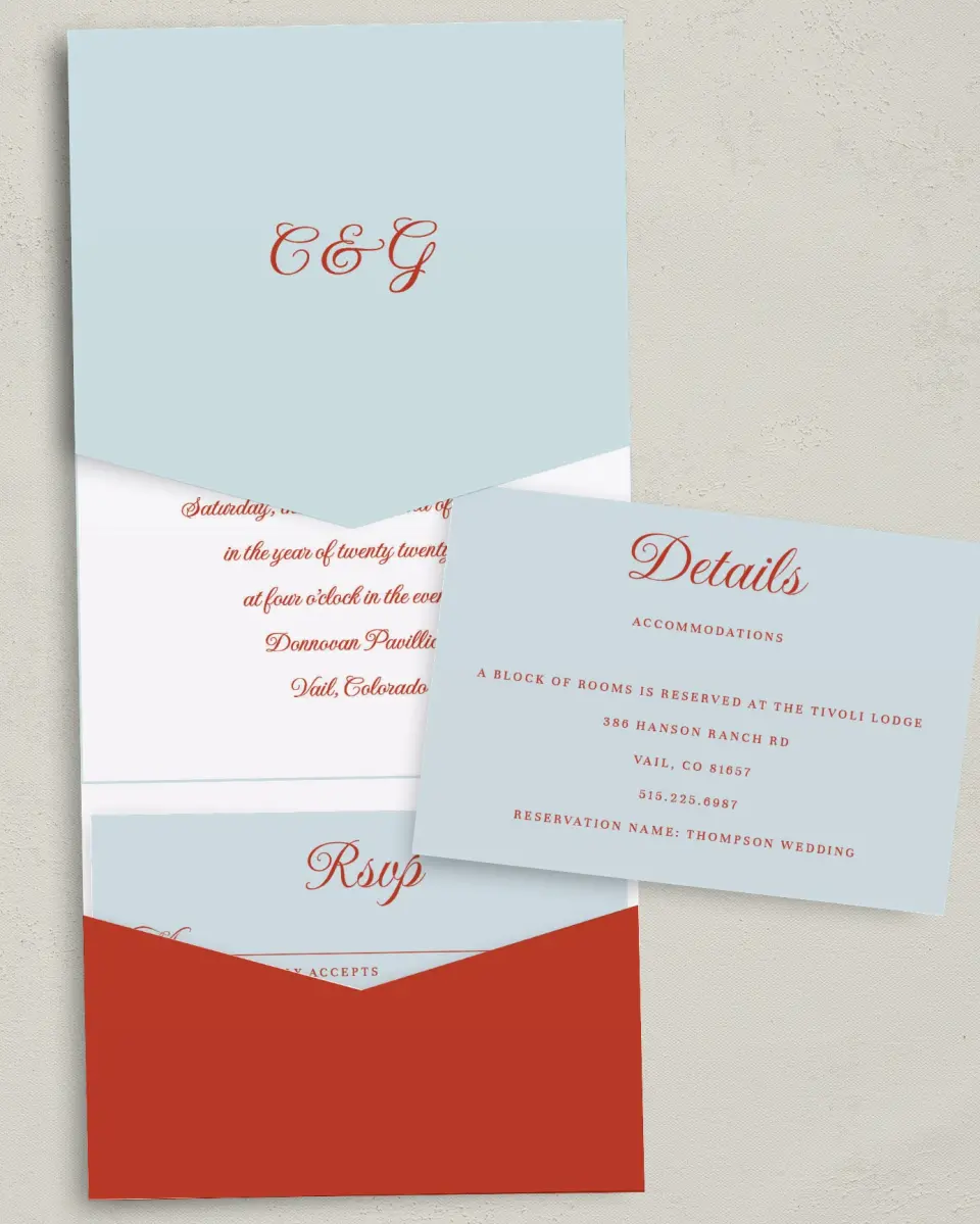 This is a 5¼" x 7¼" Folded Pocket Wedding Invitation called Mod Elegance printed in full color with Gold foil on Luxe Satin (coated) paper
