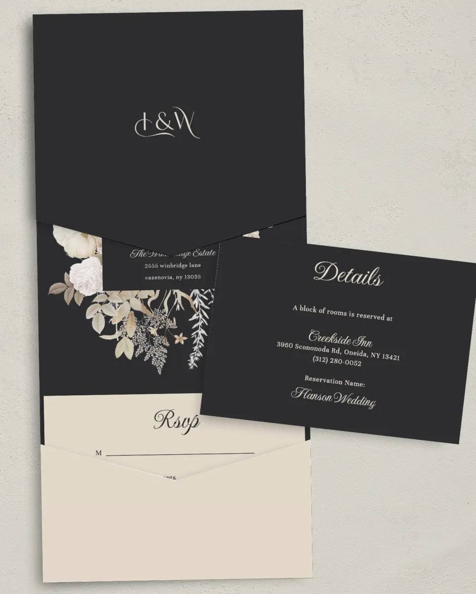 This is a 5¼" x 7¼" Folded Pocket Wedding Invitation called Winter Wildflowers printed in full color on Premium Smooth paper