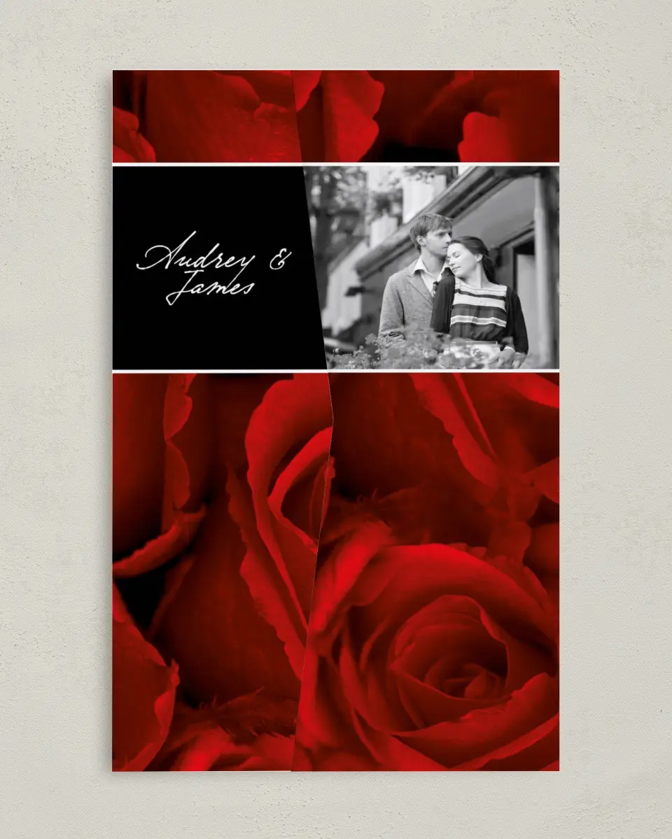 This is a 5" x 7⅞" Pocket Wedding Invitation called Dramatic Roses printed in full color on Premium Smooth paper
