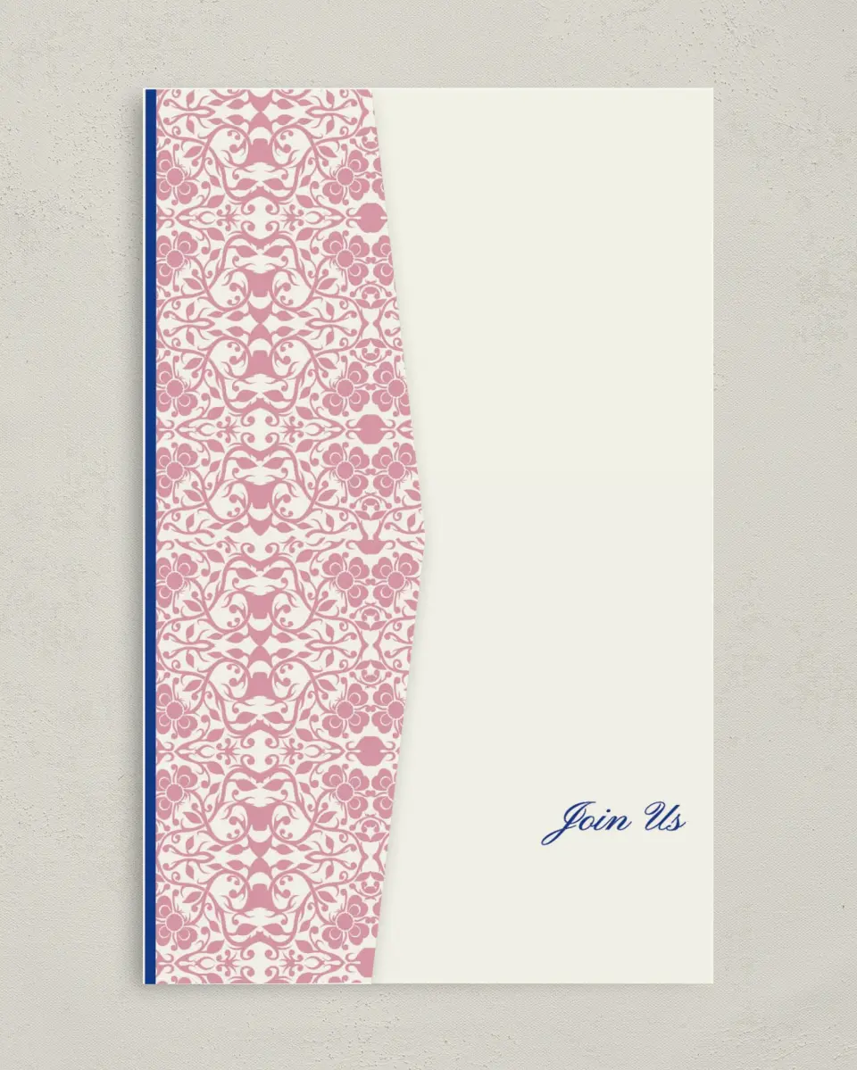 This is a 5" x 7⅞" Pocket Wedding Invitation called Floral Ornament printed in full color on Premium Smooth paper
