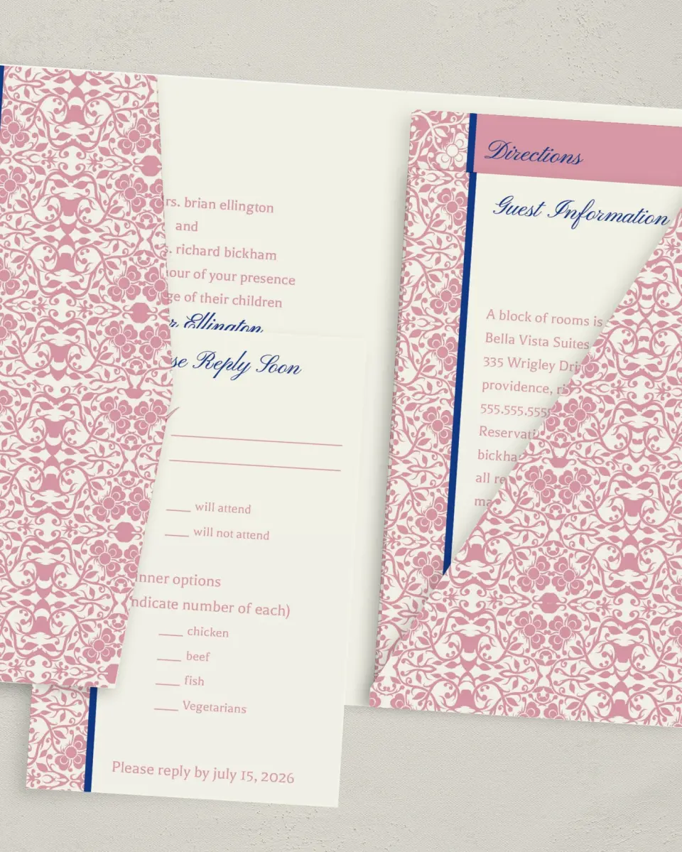 This is a 5" x 7⅞" Pocket Wedding Invitation called Floral Ornament printed in full color on Premium Smooth paper