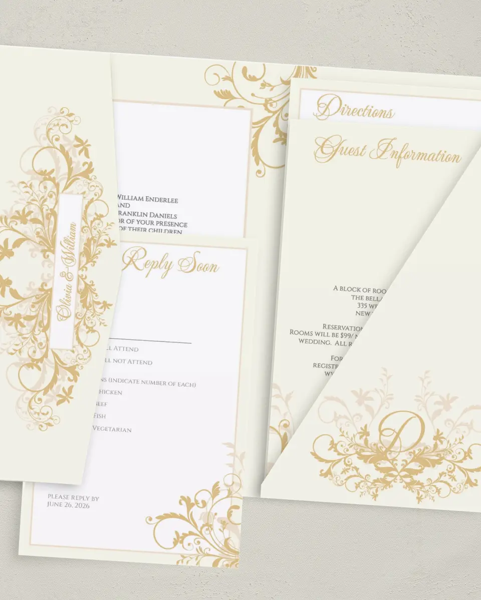This is a 5" x 7⅞" Pocket Wedding Invitation called Classic Allure printed in full color with Gold foil on Luxe Satin (coated) paper