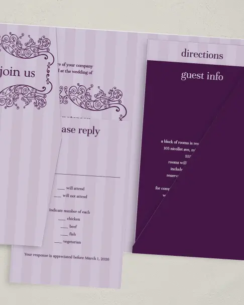 This is a 5" x 7⅞" Pocket Wedding Invitation called Lovely Lavender printed in full color on Premium Smooth paper