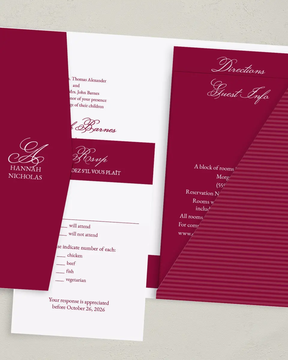 This is a 5" x 7⅞" Pocket Wedding Invitation called Forever Yours printed in full color with Gold foil on Luxe Satin (coated) paper