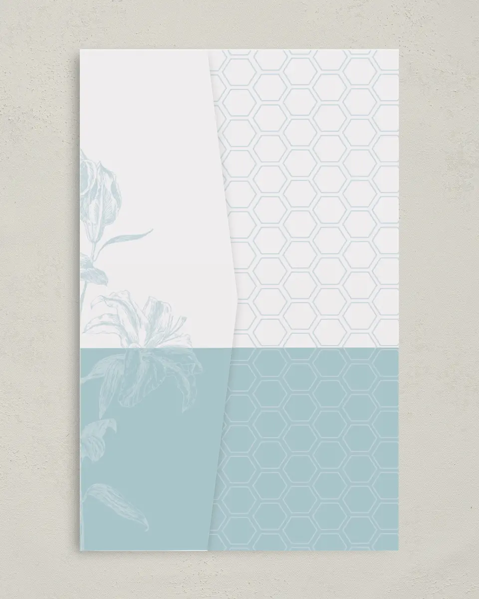 This is a 5" x 7⅞" Pocket Wedding Invitation called Honey Blossoms printed in full color on Premium Smooth paper