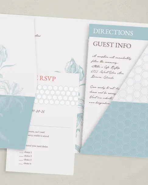 This is a 5" x 7⅞" Pocket Wedding Invitation called Honey Blossoms printed in full color on Premium Smooth paper