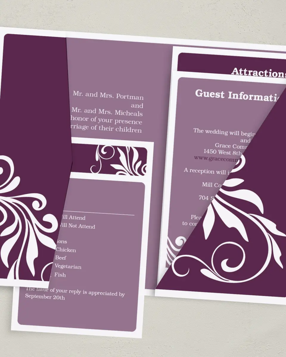 This is a 5" x 7⅞" Pocket Wedding Invitation called Alluring Affection printed in full color on Premium Smooth paper