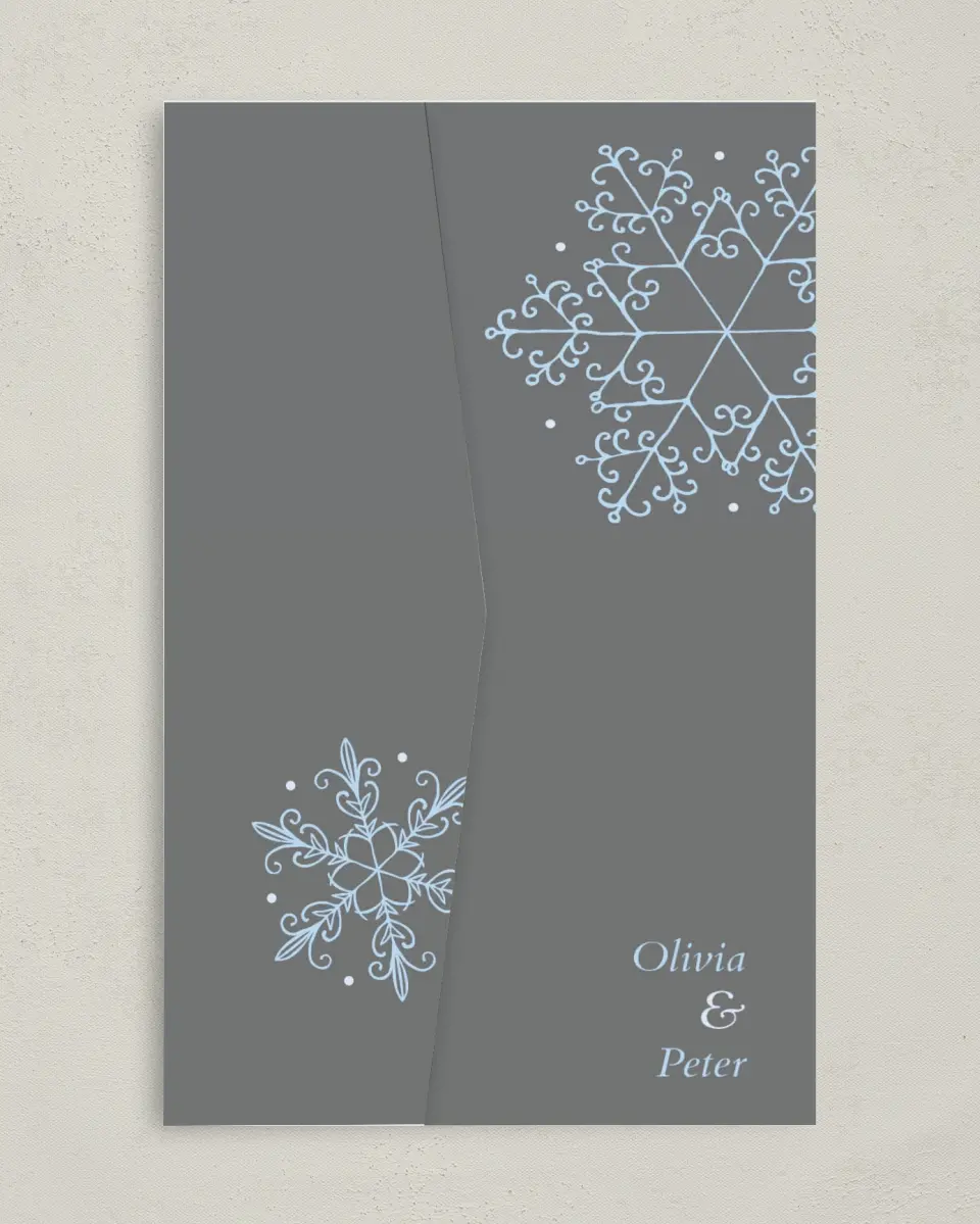 This is a 5" x 7⅞" Pocket Wedding Invitation called Seasonal Snowflake printed in full color on Premium Smooth paper