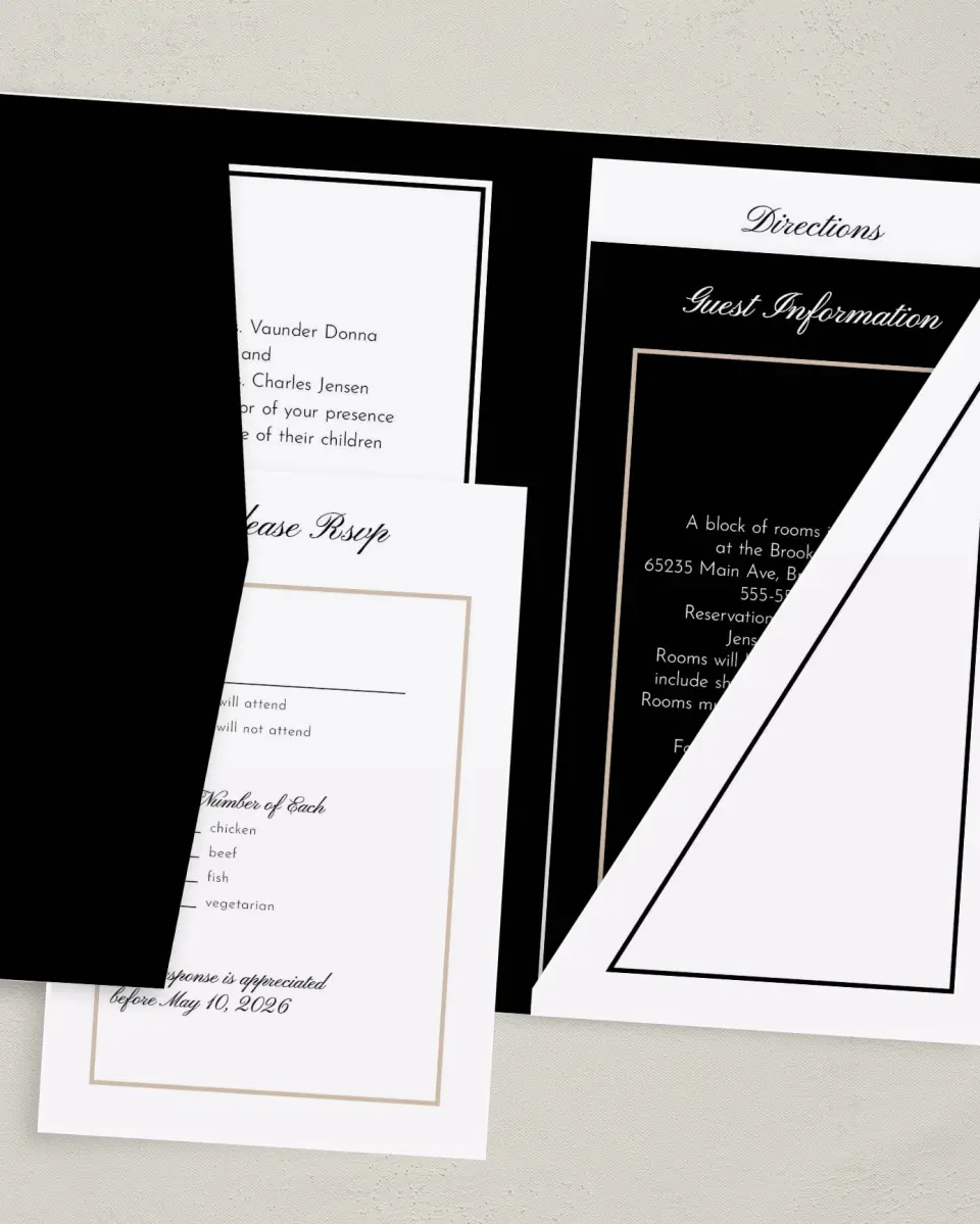 This is a 5" x 7⅞" Pocket Wedding Invitation called Vision of Love printed in full color with Gold foil on Luxe Satin (coated) paper