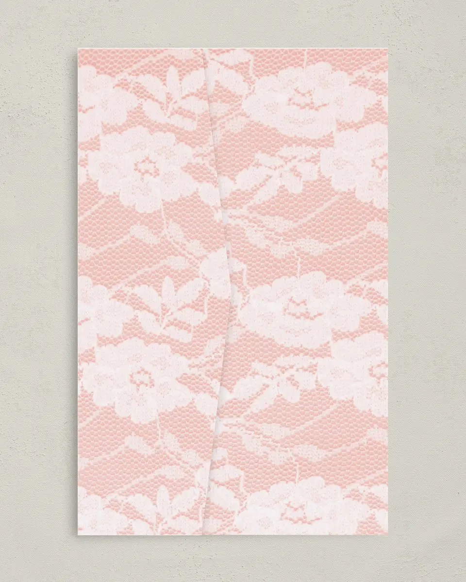 This is a 5" x 7⅞" Pocket Wedding Invitation called Vintage Applique printed in full color on Premium Smooth paper