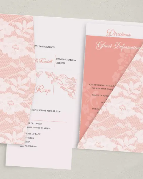 This is a 5" x 7⅞" Pocket Wedding Invitation called Vintage Applique printed in full color on Premium Smooth paper