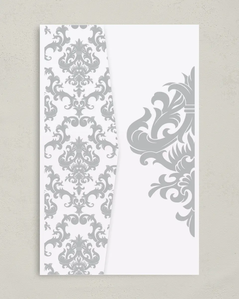 This is a 5" x 7⅞" Pocket Wedding Invitation called Damask Elegance printed in full color on Premium Smooth paper