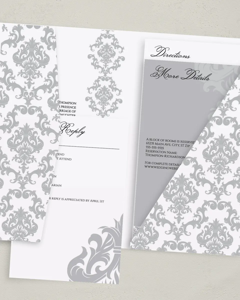 This is a 5" x 7⅞" Pocket Wedding Invitation called Damask Elegance printed in full color with Gold foil on Luxe Satin (coated) paper