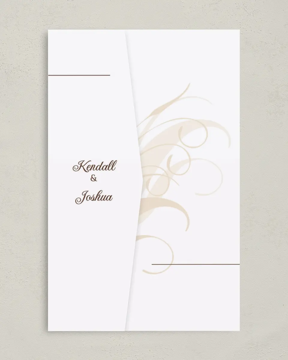 This is a 5" x 7⅞" Pocket Wedding Invitation called Whispering Feather printed in full color on Premium Smooth paper
