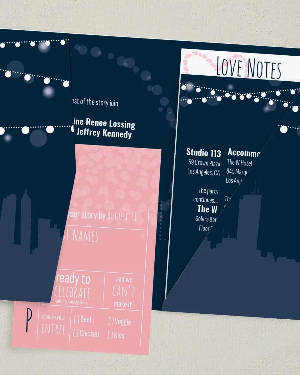 This is a 5" x 7⅞" Pocket Wedding Invitation called Rooftop Party printed in full color with Gold foil on Luxe Satin (coated) paper