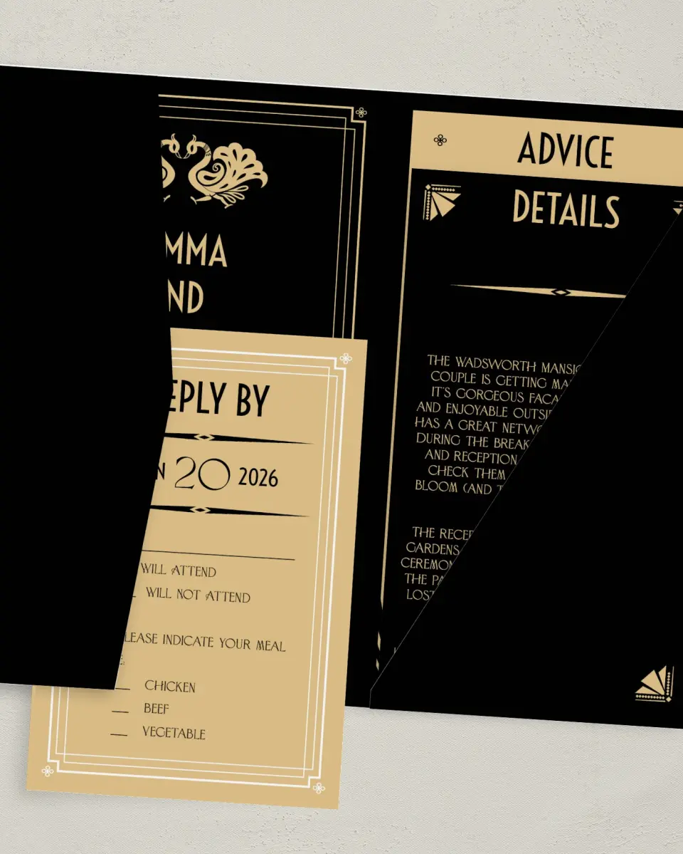 This is a 5" x 7⅞" Pocket Wedding Invitation called Deco Glam printed in full color with Gold foil on Luxe Satin (coated) paper