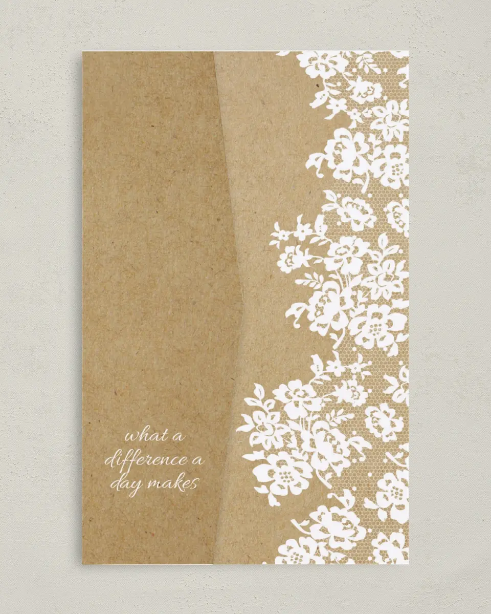 This is a 5" x 7⅞" Pocket Wedding Invitation called Floral Lace printed in full color on Premium Smooth paper