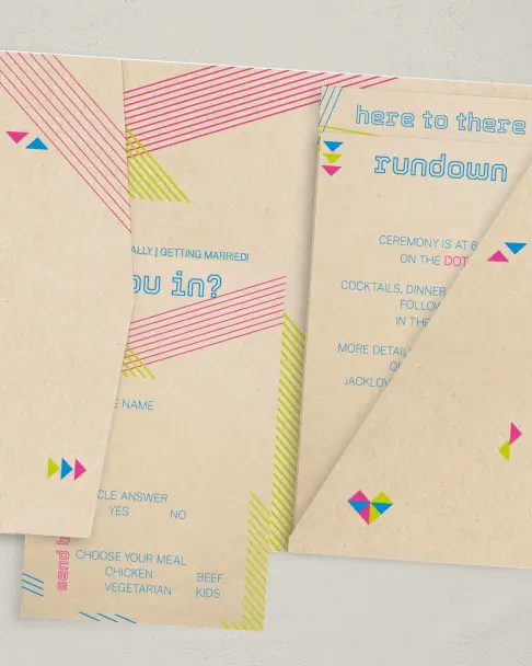 This is a 5" x 7⅞" Pocket Wedding Invitation called Flirty Neon printed in full color on Premium Smooth paper