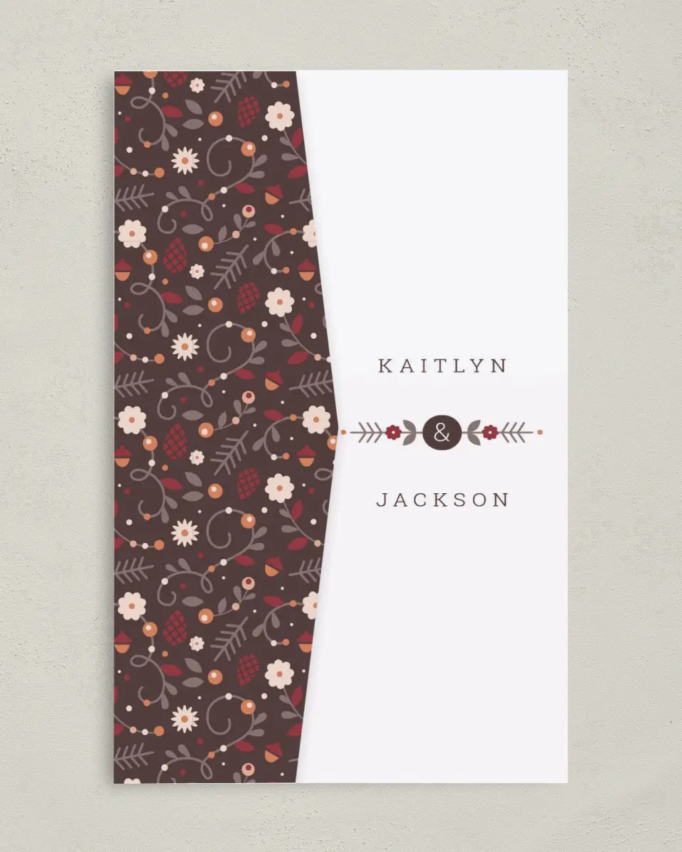 This is a 5" x 7⅞" Pocket Wedding Invitation called Fall Treasures printed in full color on Premium Smooth paper