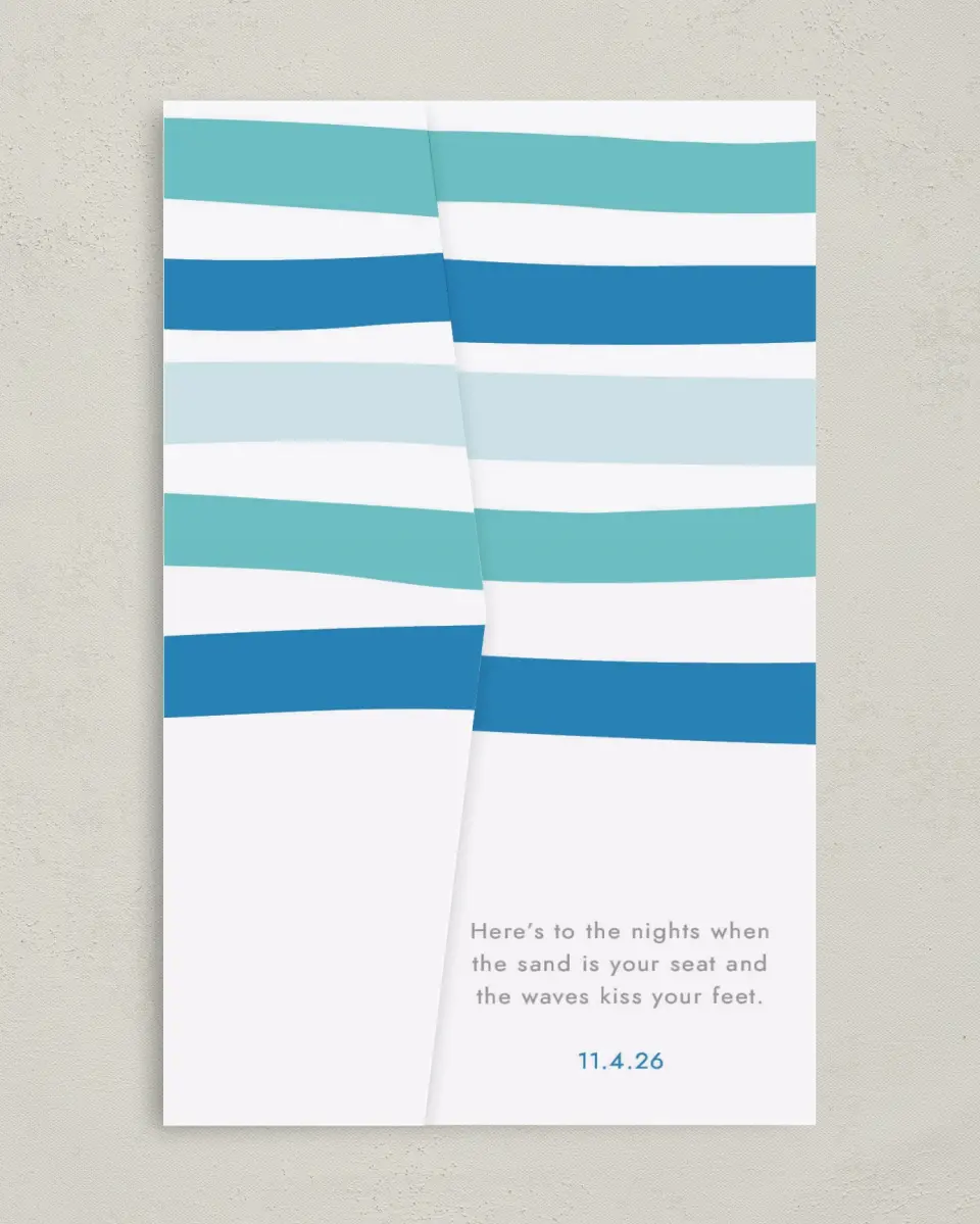 This is a 5" x 7⅞" Pocket Wedding Invitation called Making Waves printed in full color on Premium Smooth paper