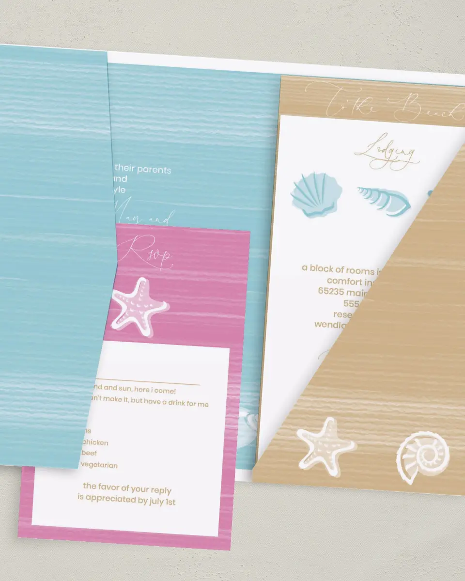 This is a 5" x 7⅞" Pocket Wedding Invitation called Salty Kisses printed in full color on Premium Smooth paper