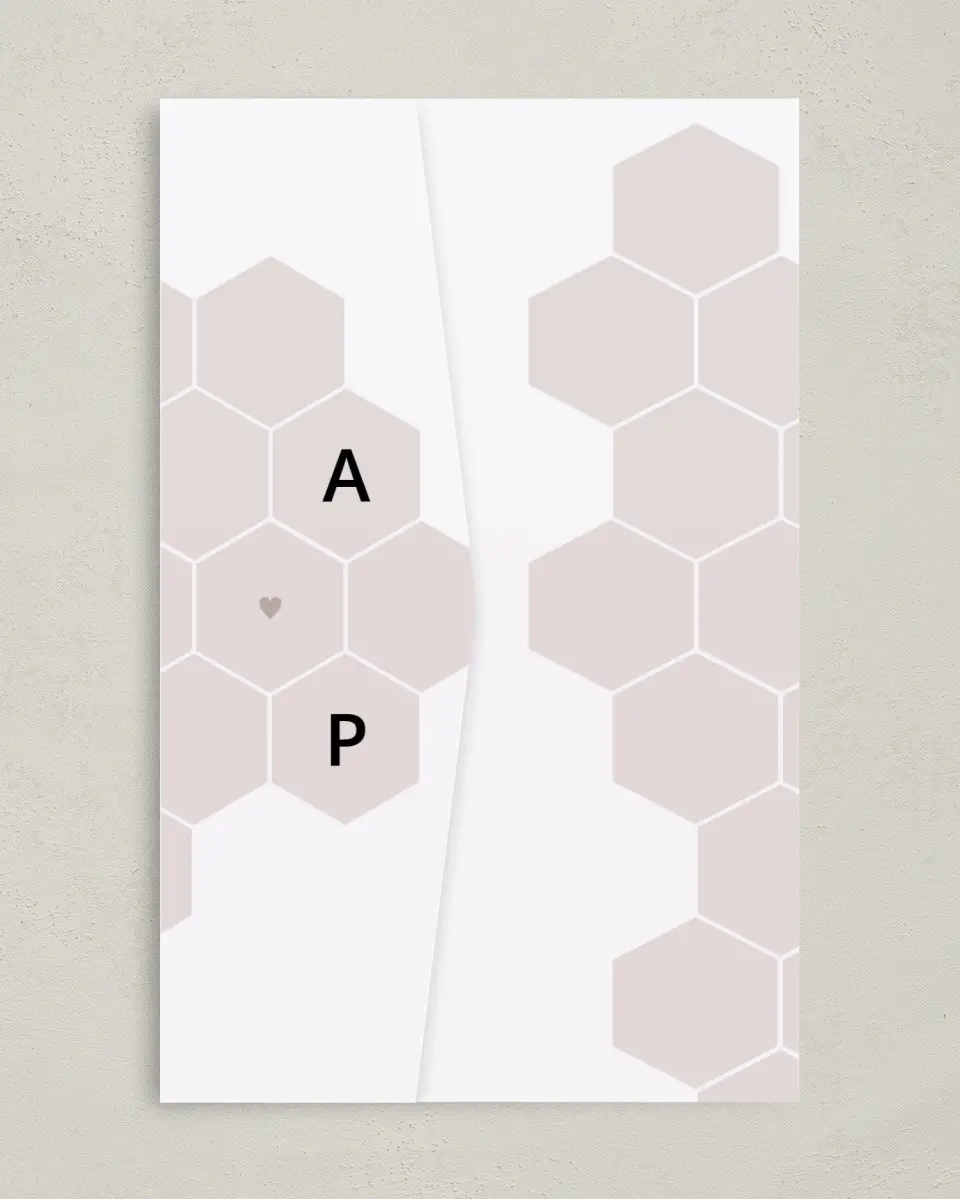 This is a 5" x 7⅞" Pocket Wedding Invitation called Honeycomb Sweetness printed in full color on Premium Smooth paper