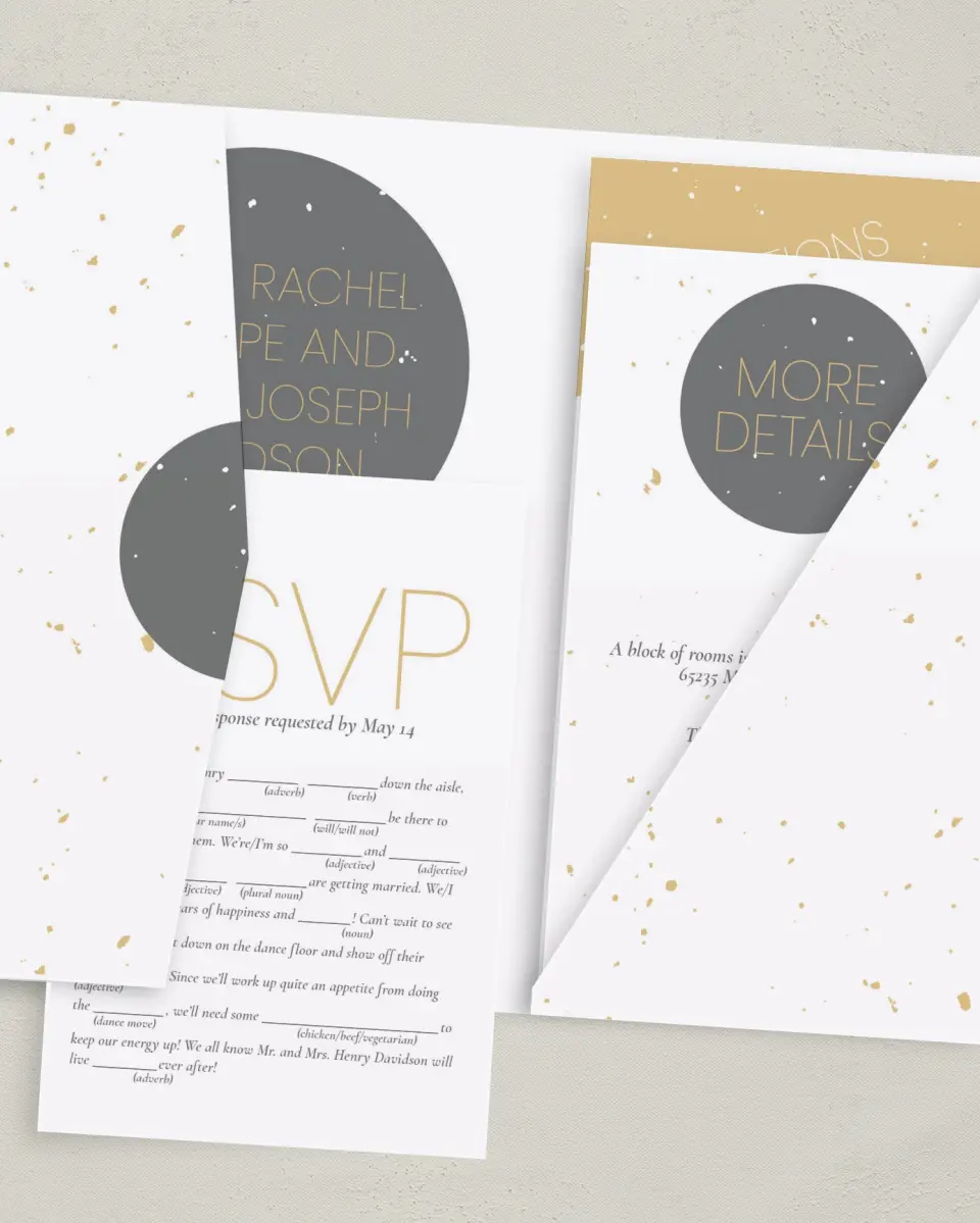 This is a 5" x 7⅞" Pocket Wedding Invitation called Truly, Madly, Deeply printed in full color with Gold foil on Luxe Satin (coated) paper