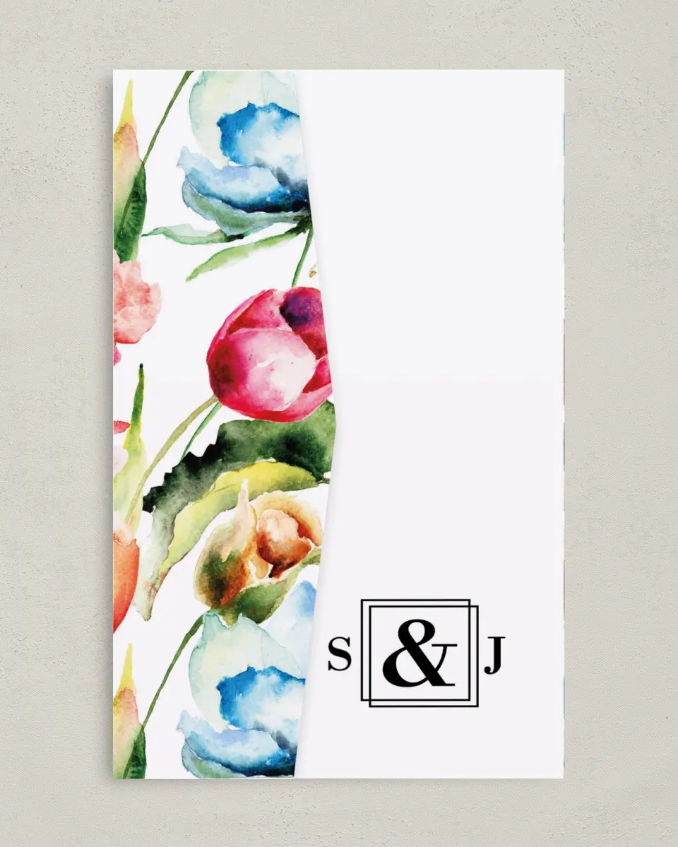 This is a 5" x 7⅞" Pocket Wedding Invitation called Floral Watercolor printed in full color on Premium Smooth paper