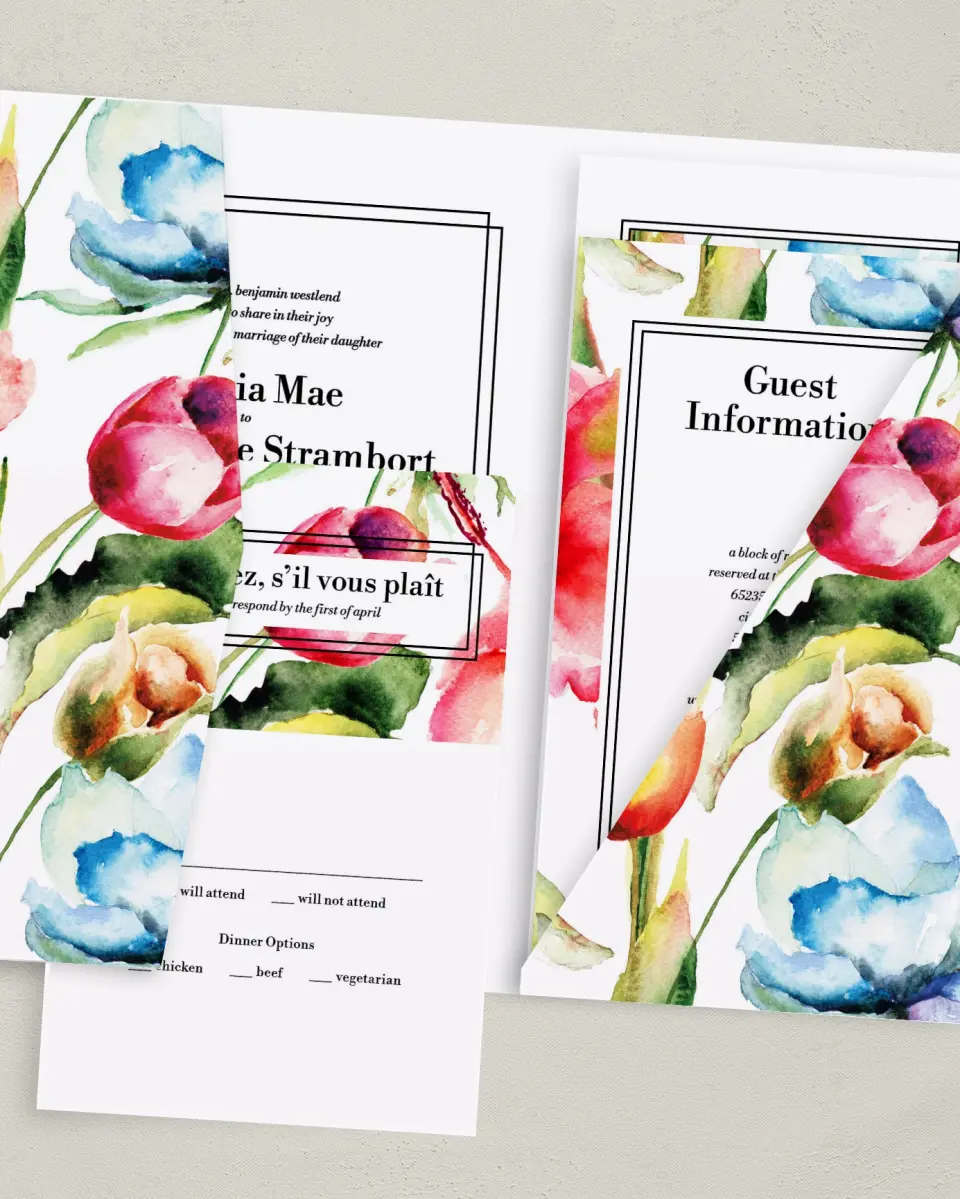 This is a 5" x 7⅞" Pocket Wedding Invitation called Floral Watercolor printed in full color with Gold foil on Luxe Satin (coated) paper