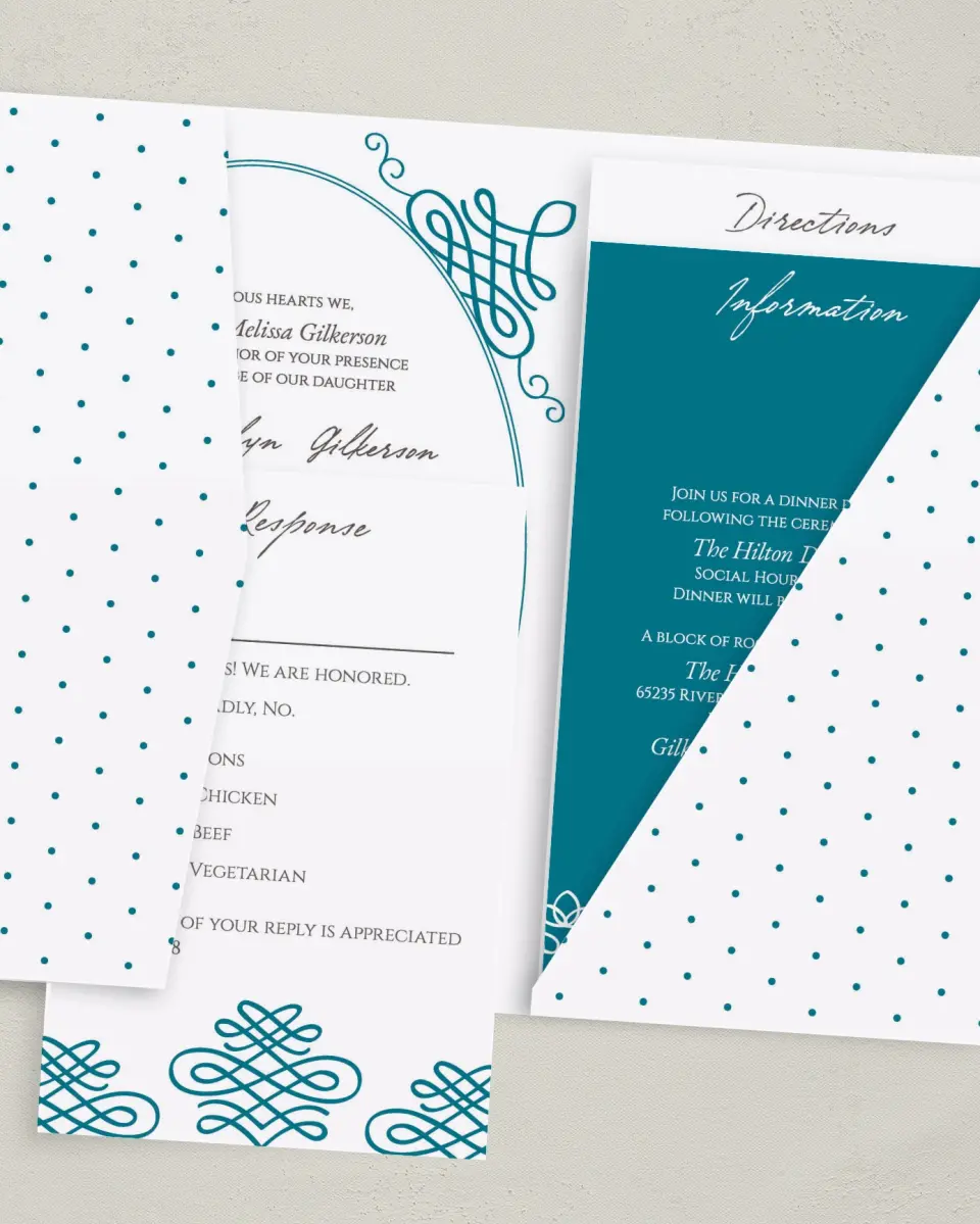 This is a 5" x 7⅞" Pocket Wedding Invitation called Simple Luxury printed in full color with Gold foil on Luxe Satin (coated) paper